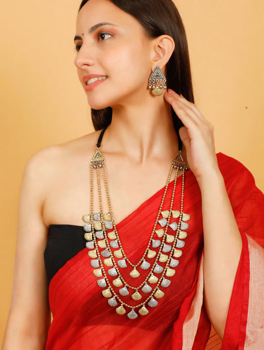 Oxidised Silver Plated Dual-Toned Antique Layered Shell Charm Long Necklace Jewellery Set