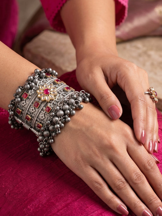 Silver-Plated Oxidised Red Stone Ghungroo Statement Kada Bangle Bracelet