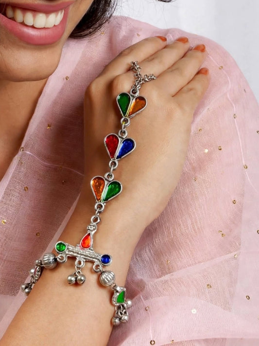 Oxidised Silver-Plated Multicolour Teardrop Stone Haath Phool Hand Harness Bracelet