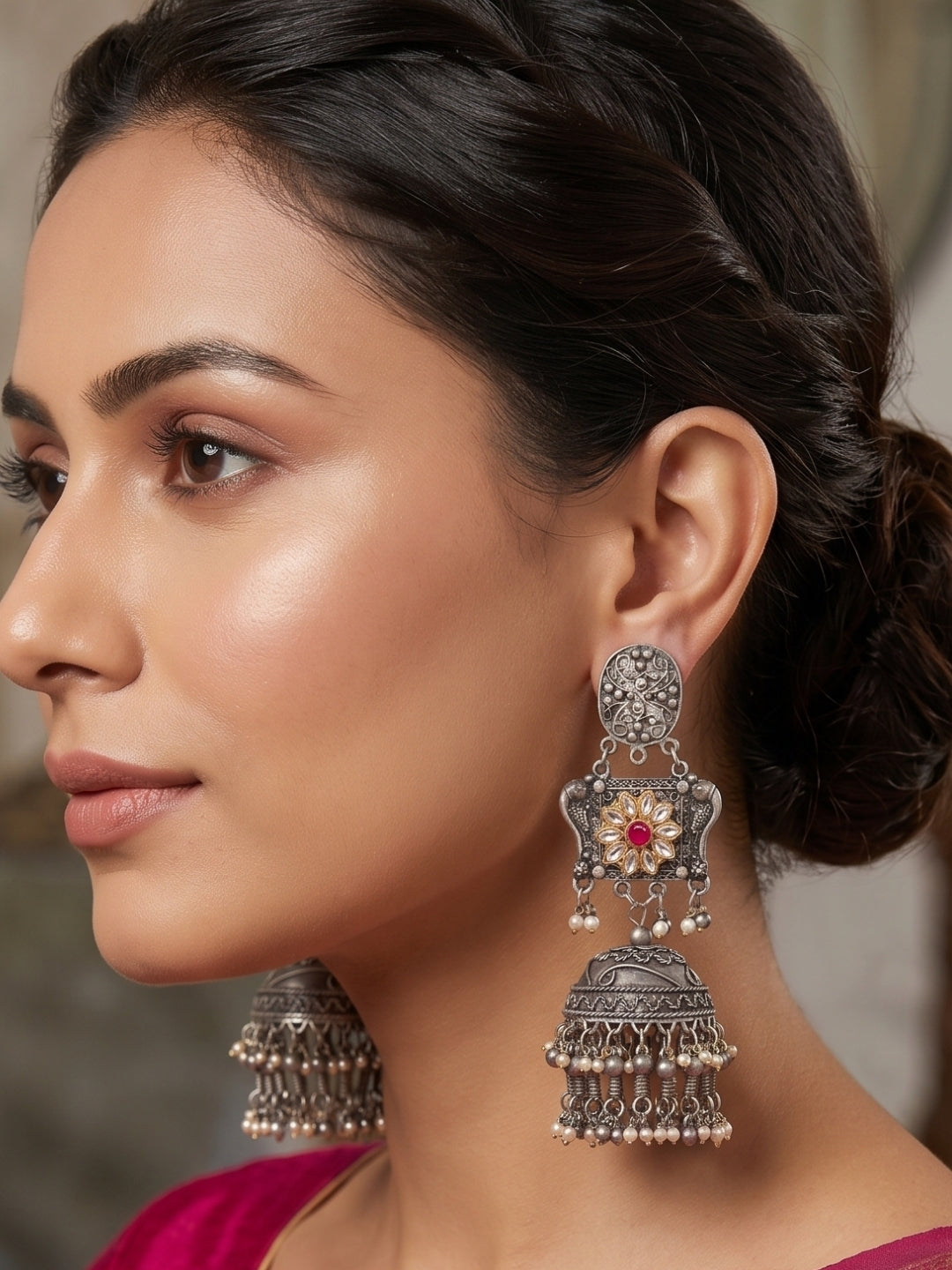 Oxidised Silver-Plated Floral Kundan Stone Studded Jhumka Earrings