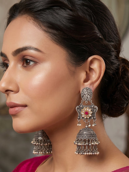 Oxidised Silver-Plated Floral Kundan Stone Studded Jhumka Earrings