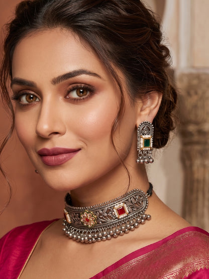 Silver-Plated Oxidised Green & Red Stone Choker Necklace Jewellery Set