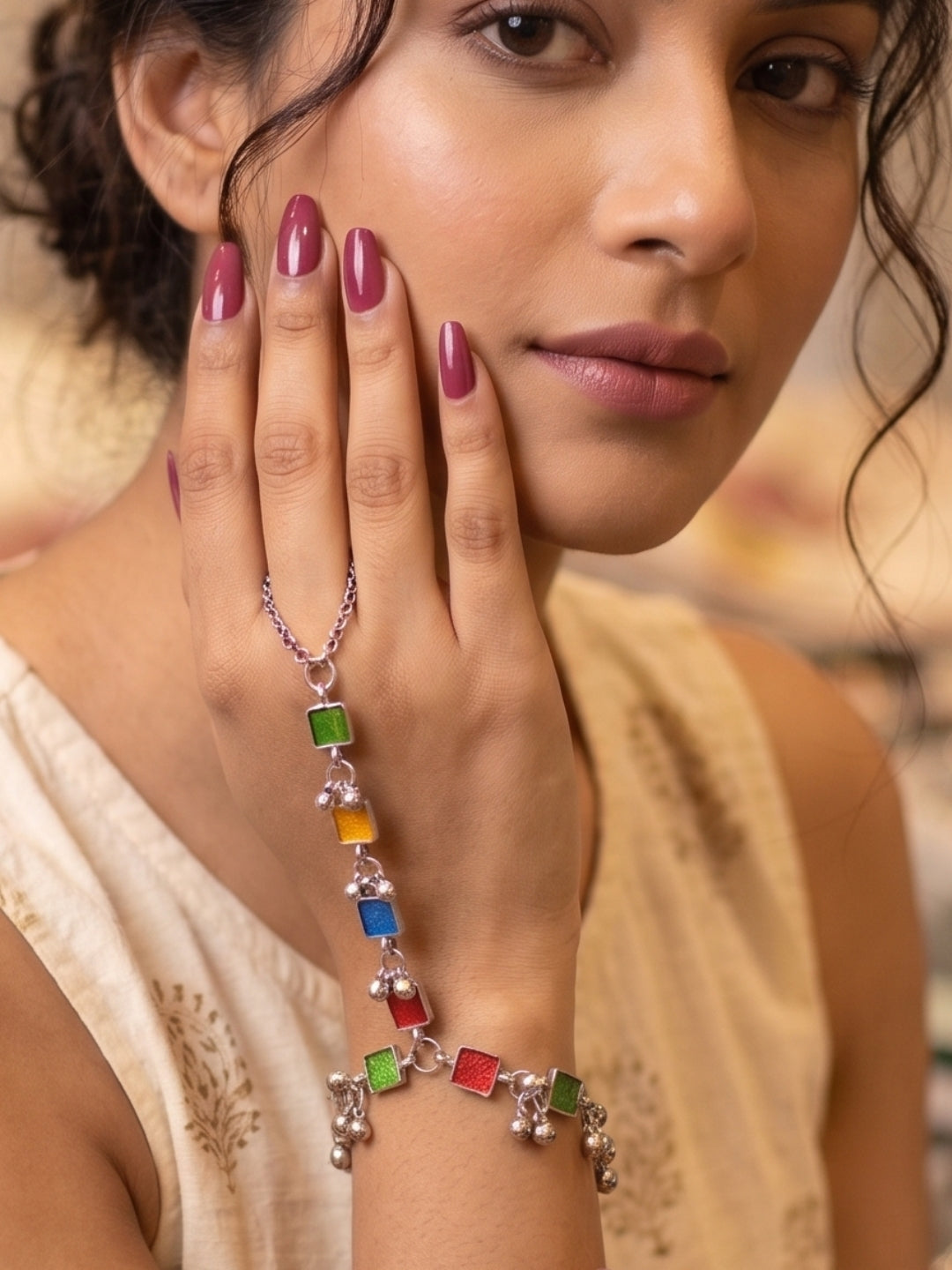 Oxidised Silver-Plated Multicolour Square Stone Haath Phool Hand Harness Bracelet