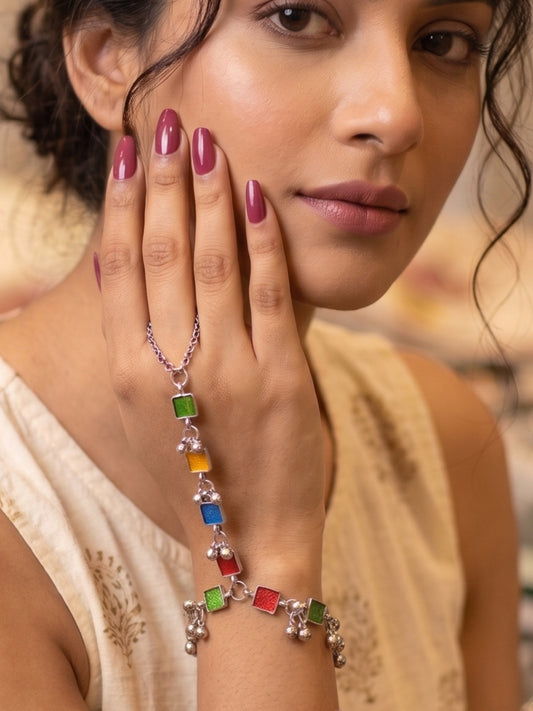 Oxidised Silver-Plated Multicolour Square Stone Haath Phool Hand Harness Bracelet