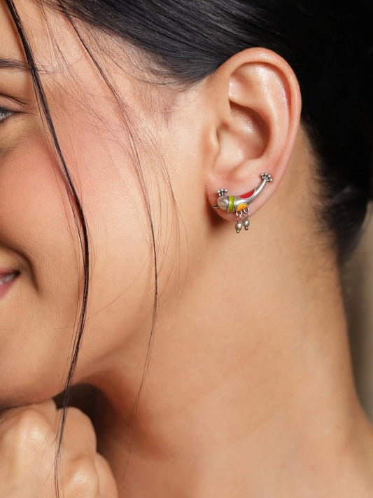 Oxidised Silver-Plated Bird Motif Drop Earcuff Earrings