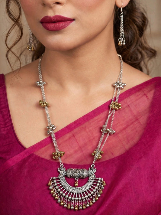 Dual-Tone Silver-Plated Oxidised Tribal Necklace Jewellery Set