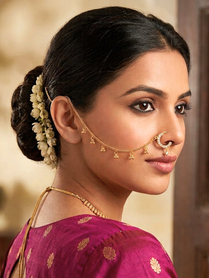 Gold-Plated AD and Cubic Zirconia  chained Adjustable Nosepin Chain (Nath)