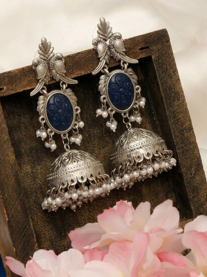 VIVAZS Oxidised Silver Plated Peacock Shaped Jhumkas Earrings