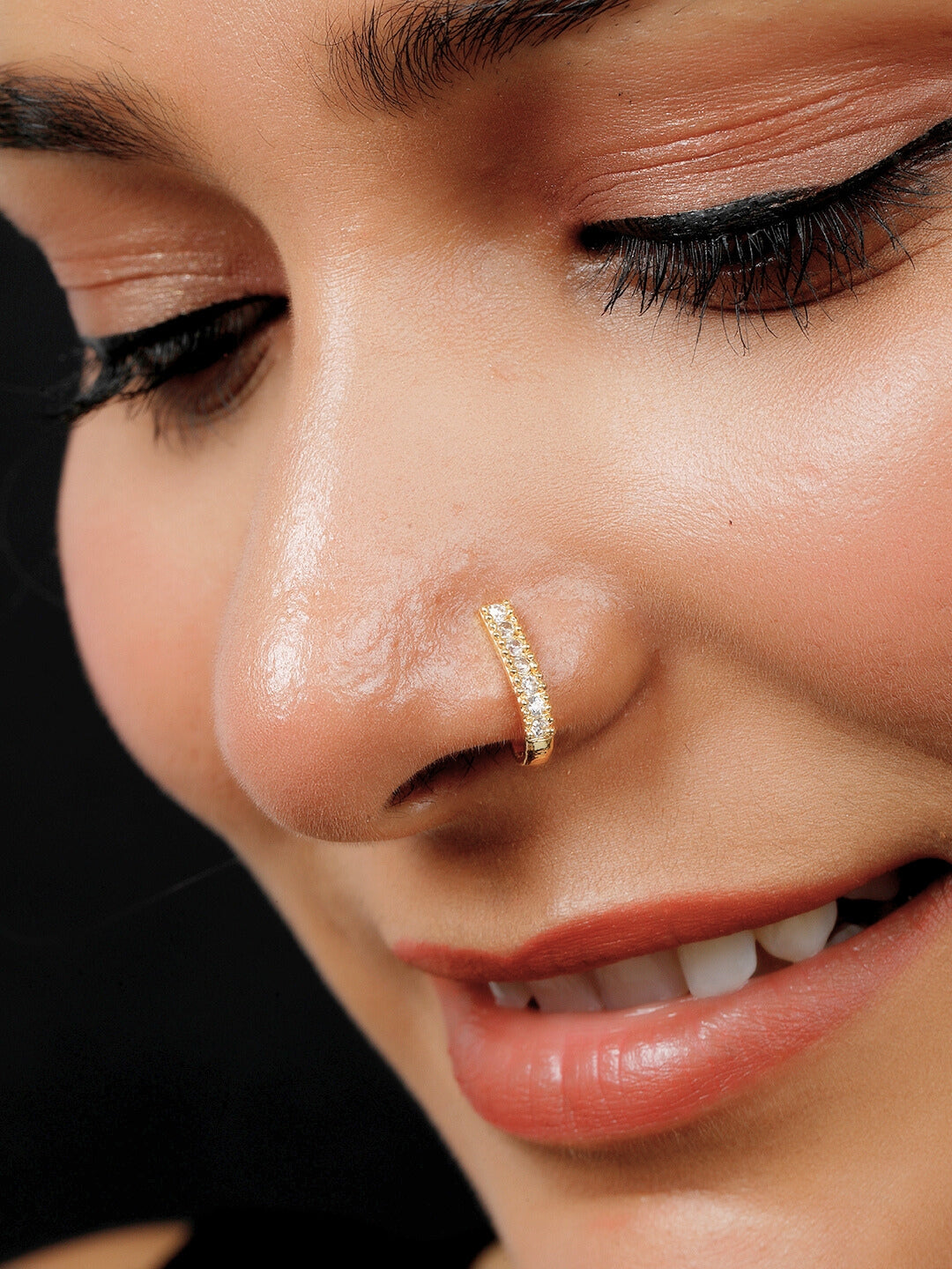VIVAZS 22K Gold-Plated Cubic Zirconia Studded Sleek Nosepin