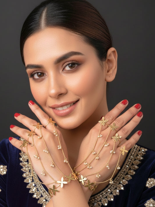 VIVAZS Gold-Plated Flower Ring Bracelet With Hathphool