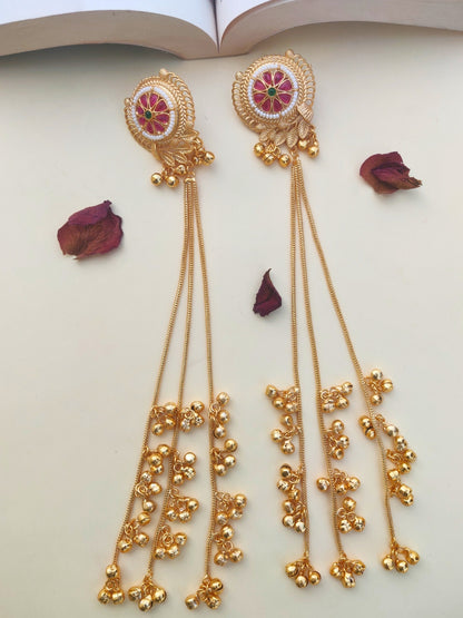 VIVAZS Kashmiri Long Drop Earrings (Center Green Moti)