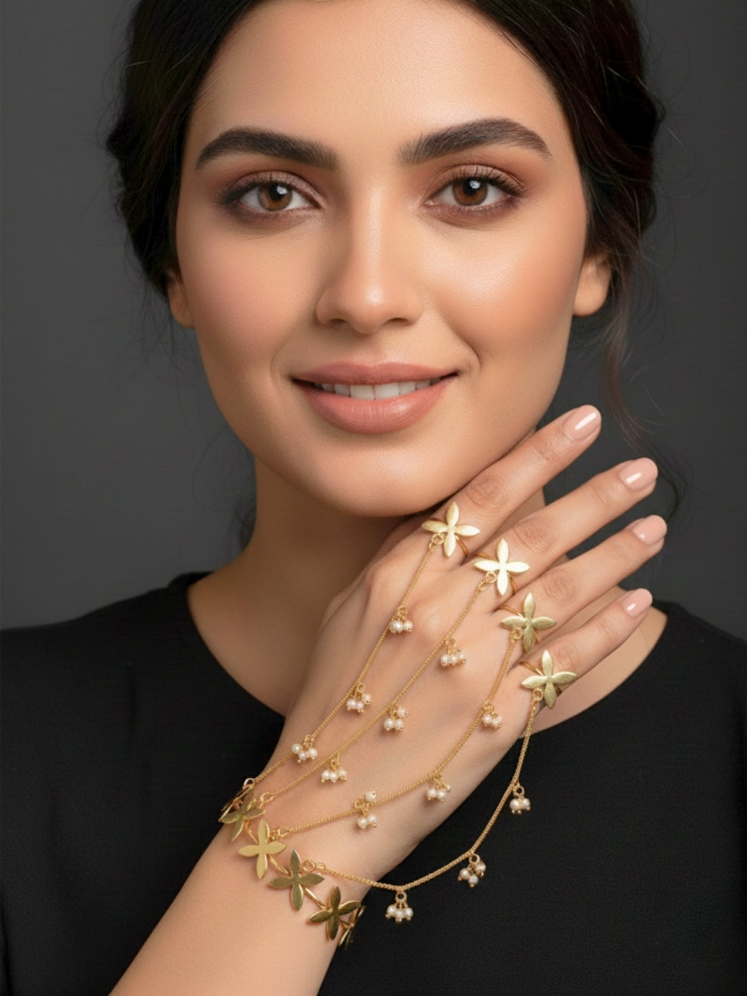 VIVAZS Gold-Plated Flower Ring Bracelet With Hathphool