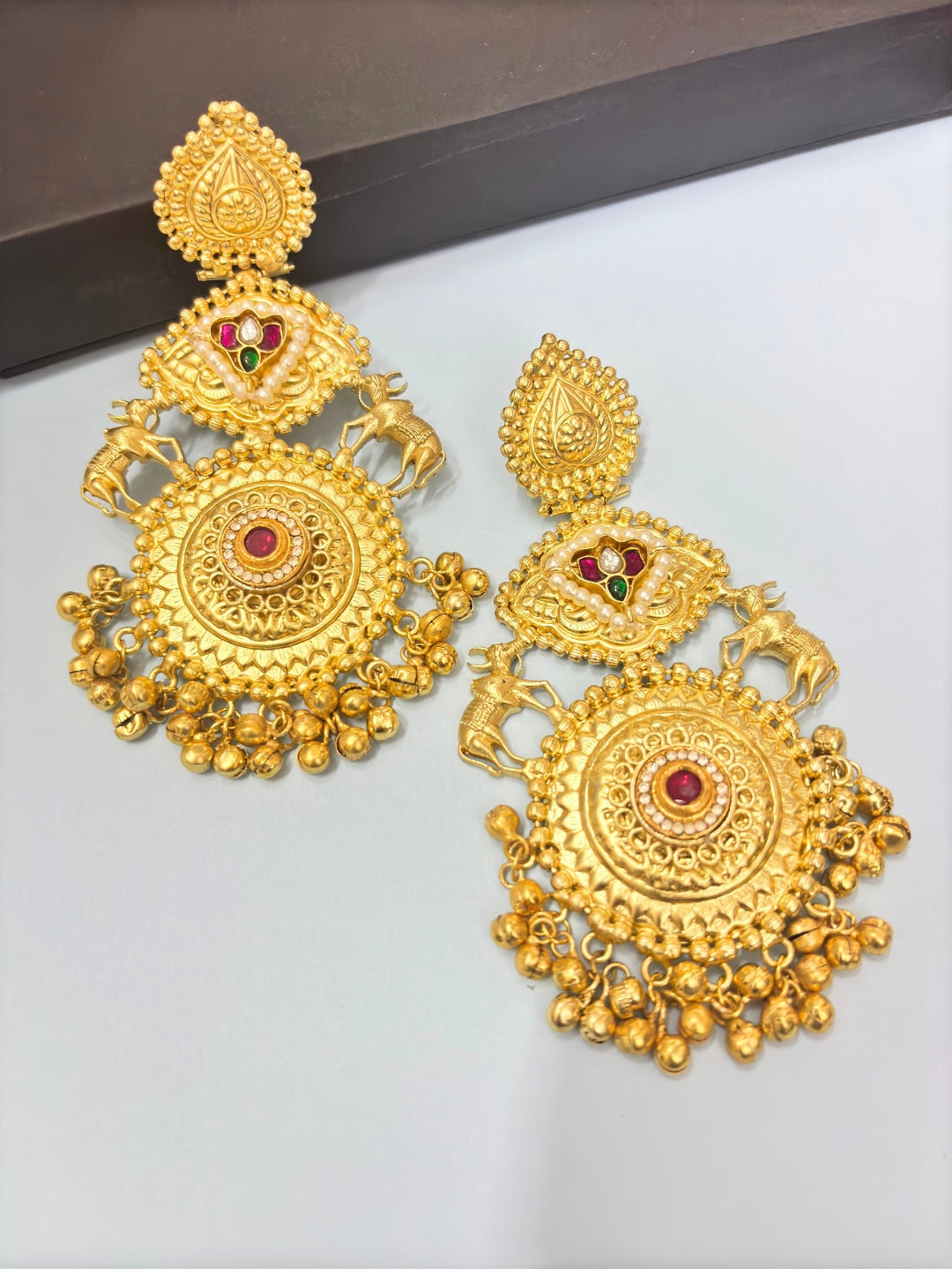 VIVAZS Gold-Plated Red Stones Studded & Beaded Chandbalis