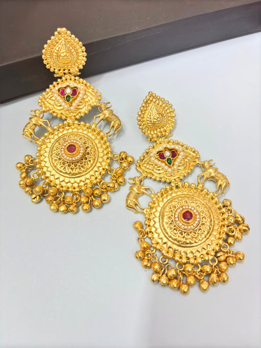 VIVAZS Gold-Plated Red Stones Studded & Beaded Chandbalis