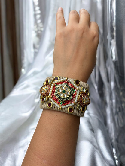 VIVAZS Golden ,Green and Red Kundan Adjustable Jute Bracelet