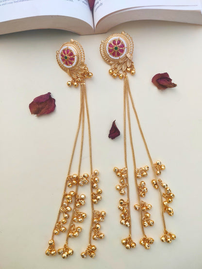 VIVAZS Kashmiri Long Drop Earrings (Center Green Moti)