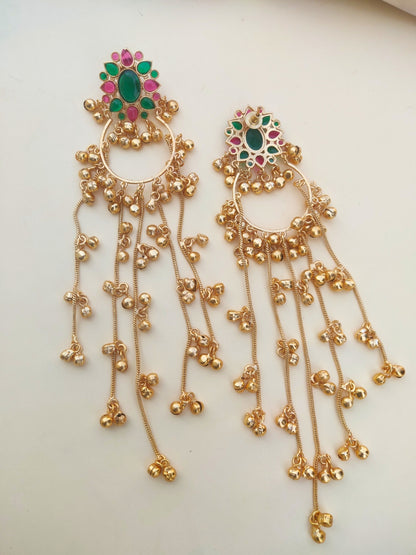 VIVAZS Kashmiri Long Drop Earrings (Green and Pink)