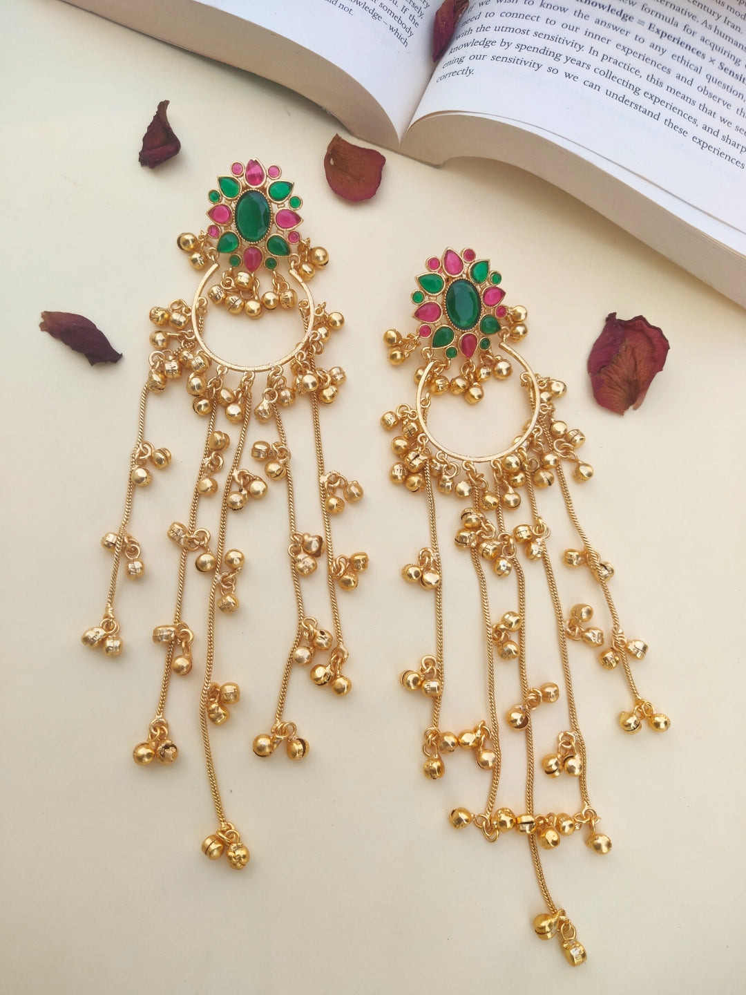 VIVAZS Kashmiri Long Drop Earrings (Green and Pink)