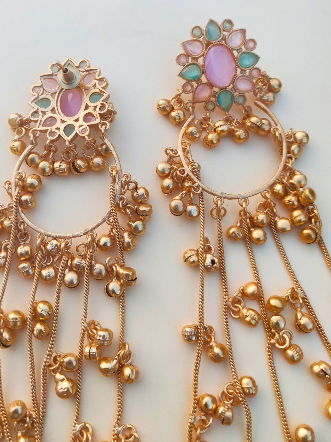 VIVAZS Kashmiri Long Drop Earrings (Pink and Mint)