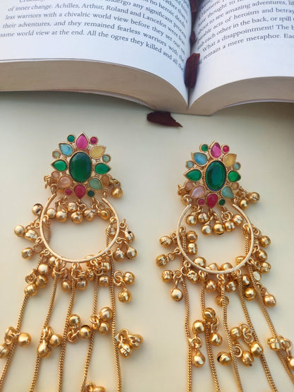 VIVAZS Kashmiri Long Drop Earrings (Navratna)
