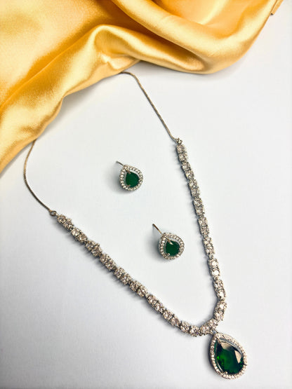Sliver-Plated Emerald American Diamond-Studded Jewellery Set