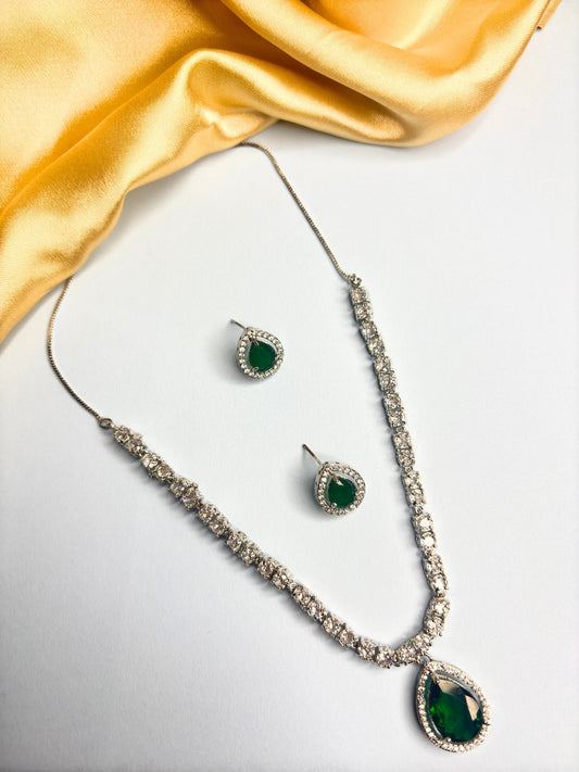 Sliver-Plated Emerald American Diamond-Studded Jewellery Set