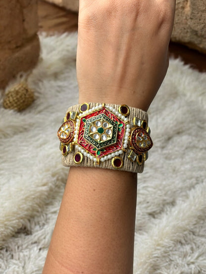 VIVAZS Golden ,Green and Red Kundan Adjustable Jute Bracelet