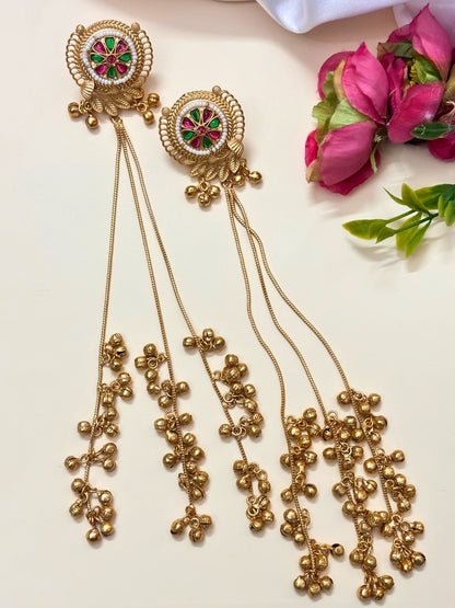 VIVAZS Kashmiri Long Drop Earrings (Green and Pink)