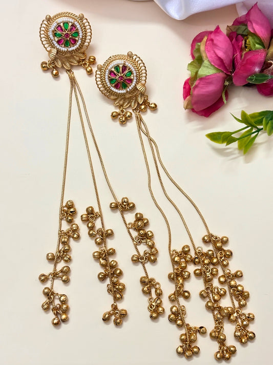 VIVAZS Kashmiri Long Drop Earrings (Green and Pink)