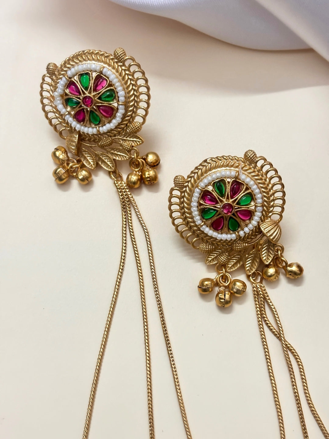 VIVAZS Kashmiri Long Drop Earrings (Green and Pink)