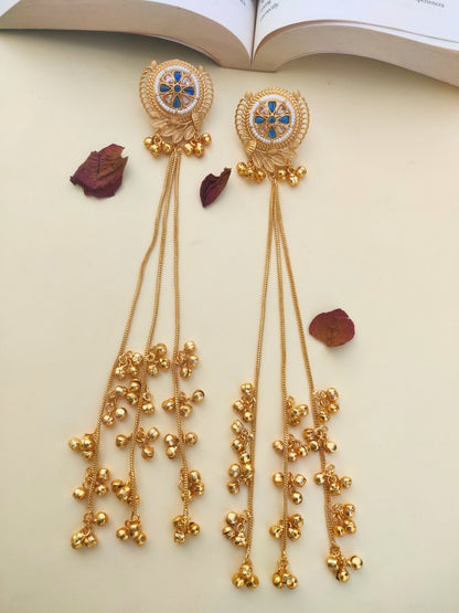VIVAZS Kashmiri Long Drop Earrings (White and Blue)