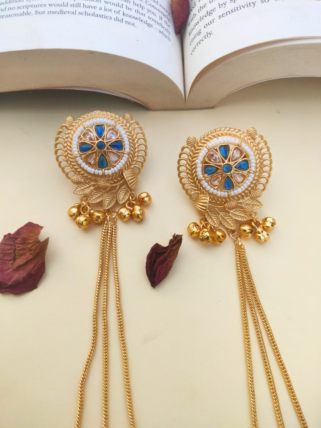 VIVAZS Kashmiri Long Drop Earrings (White and Blue)