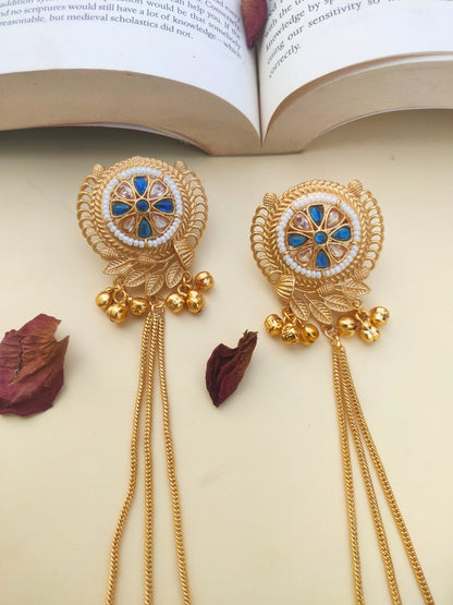 VIVAZS Kashmiri Long Drop Earrings (White and Blue)