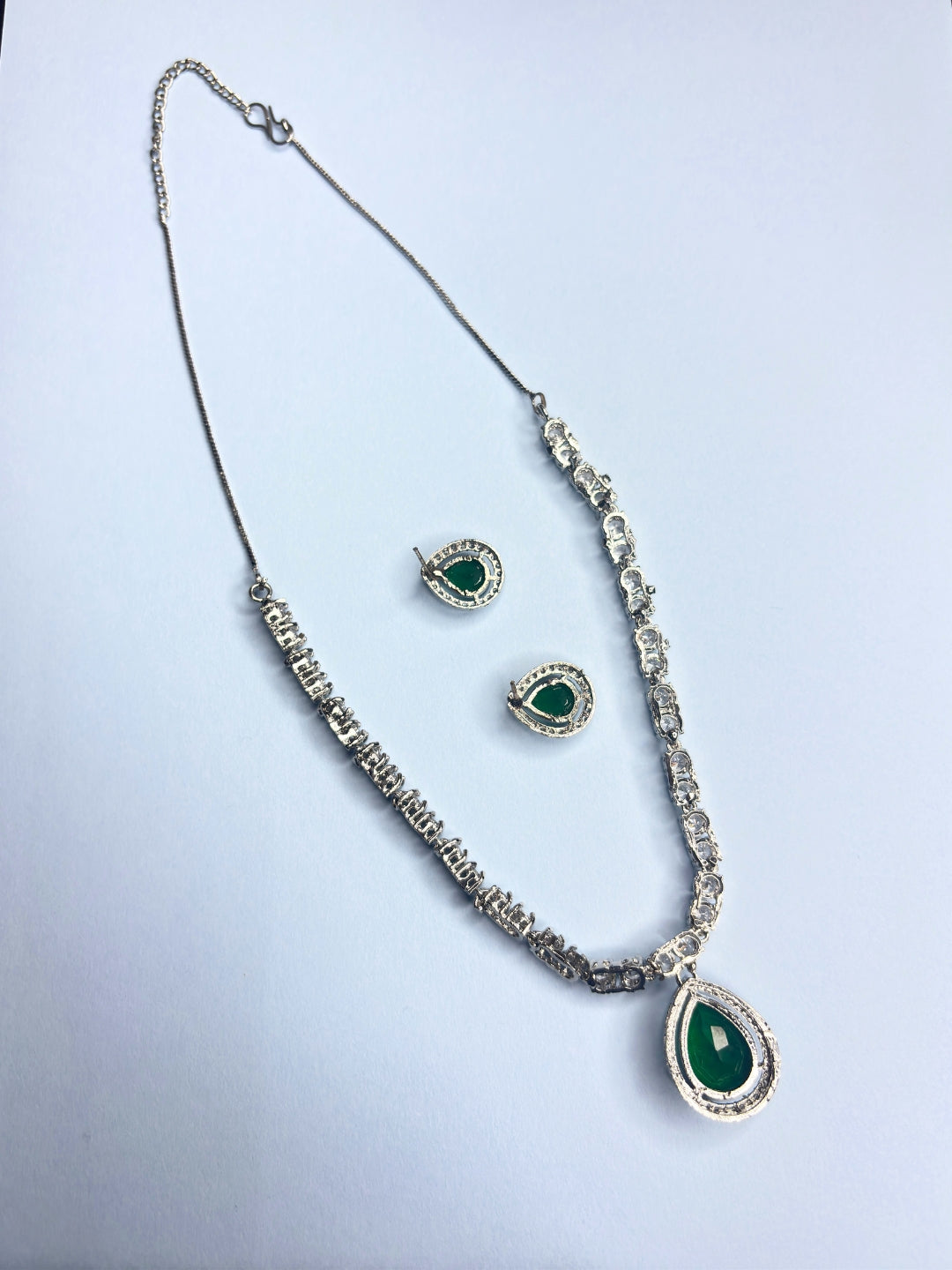 Sliver-Plated Emerald American Diamond-Studded Jewellery Set