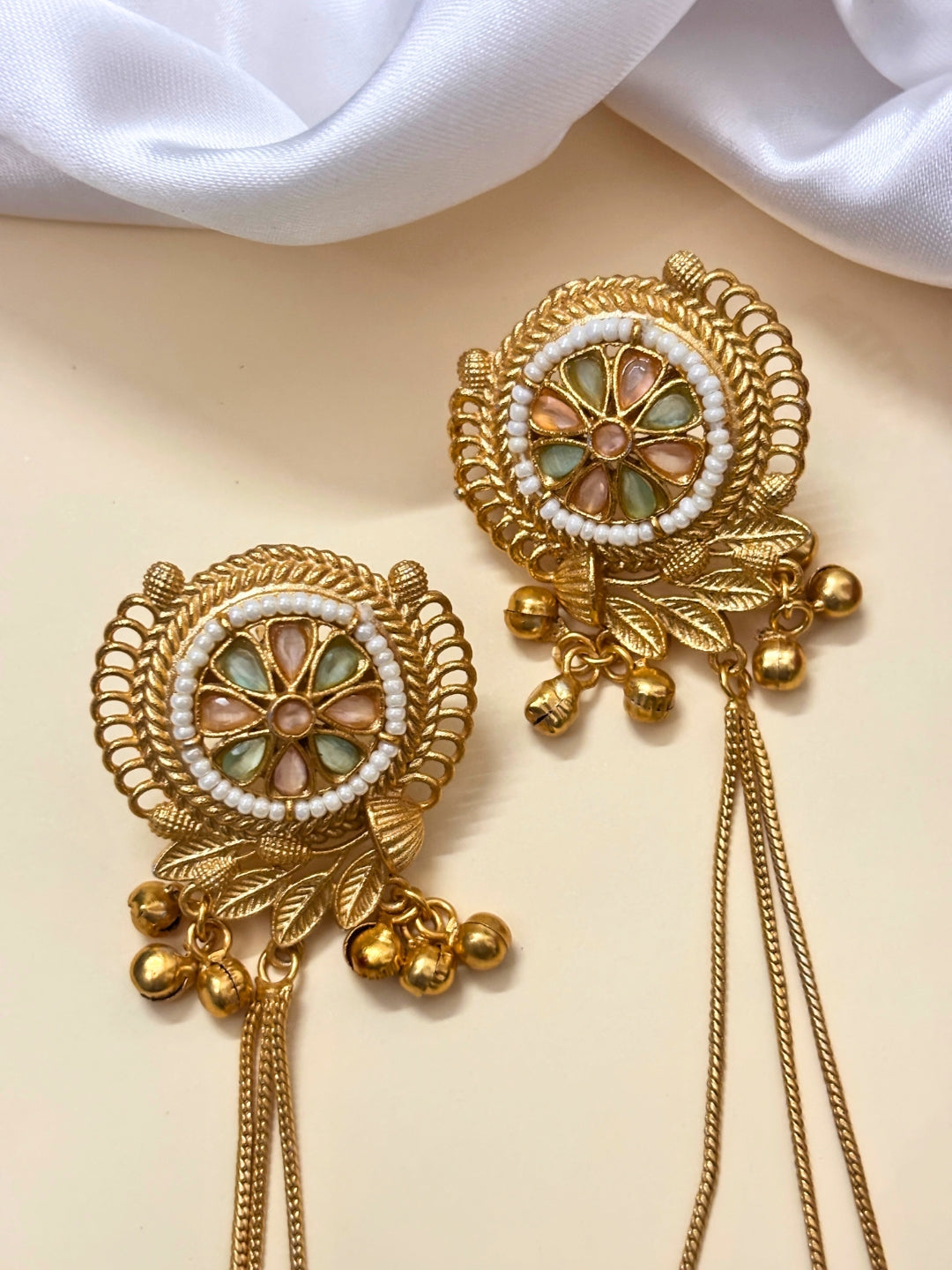 VIVAZS Kashmiri Long Drop Earrings (Mint and Pink)