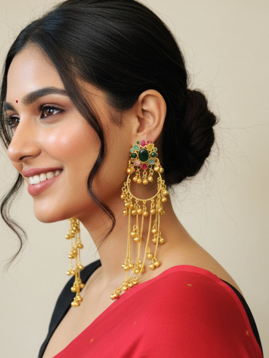 VIVAZS Kashmiri Long Drop Earrings (Navratna)