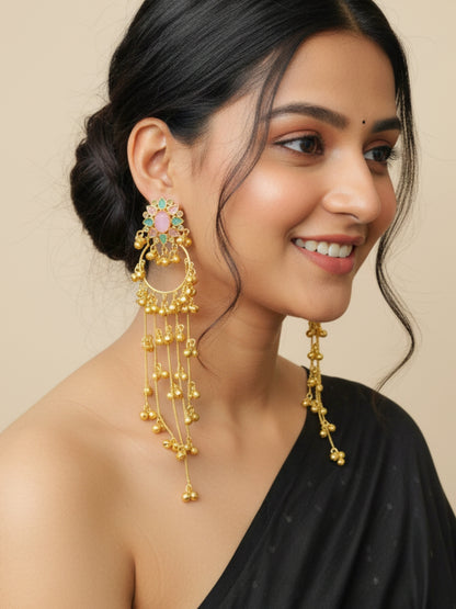 VIVAZS Kashmiri Long Drop Earrings (Pink and Mint)