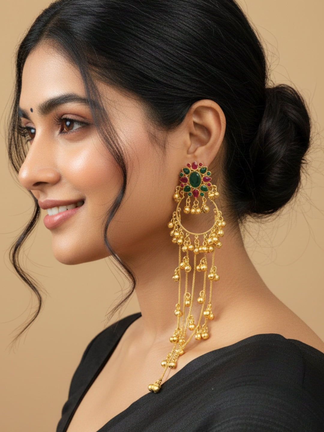 VIVAZS Kashmiri Long Drop Earrings (Green and Pink)