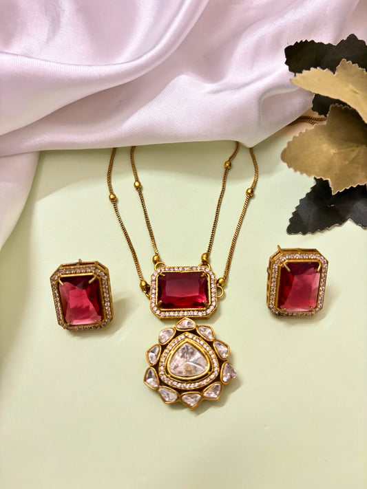 VIVAZS Premium 22K Gold Plated Ruby Red Polki and CZ Studded Double Layered Trendy Necklace Set with Earrings