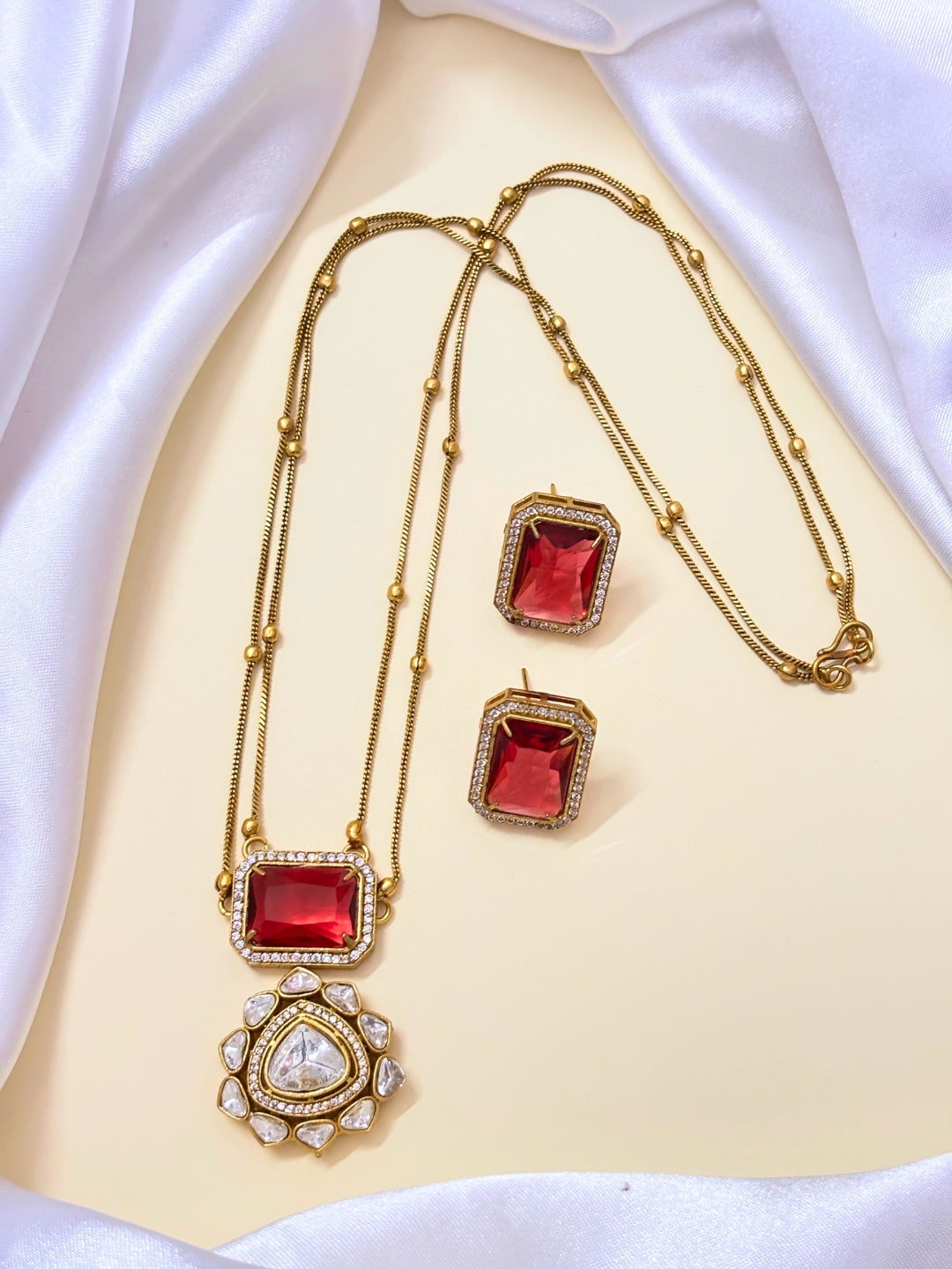 VIVAZS Premium 22K Gold Plated Ruby Red Polki and CZ Studded Double Layered Trendy Necklace Set with Earrings