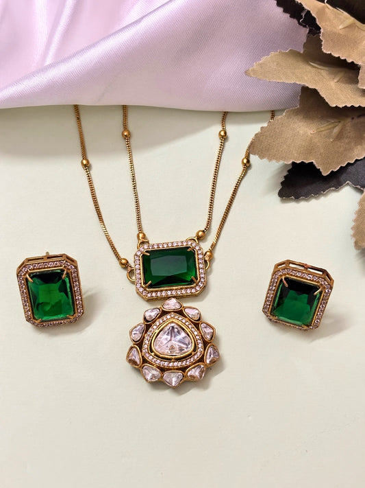 VIVAZS Premium 22K Gold Plated Polki and CZ Studded Double Layered Trendy Necklace Set with Earrings