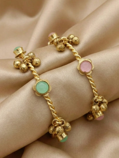 VIVAZS Set of 2 18K Gold Toned Adjustable Gungaroo Traditional Bangles(mint and pink)
