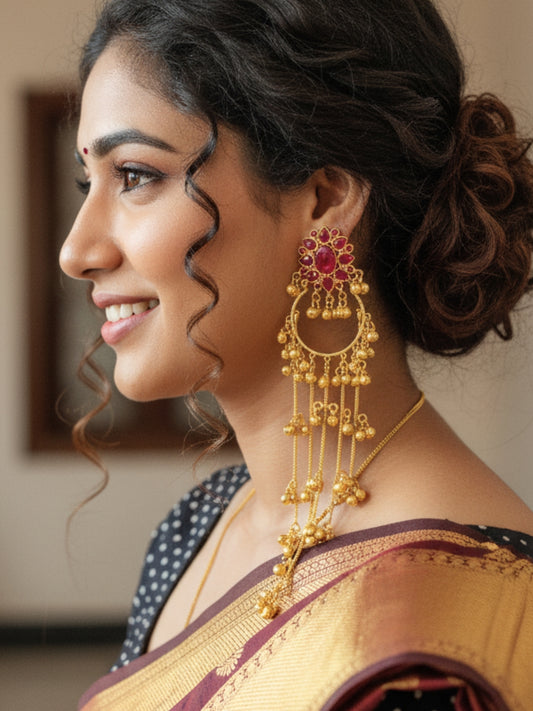 VIVAZS Kashmiri Long Drop Earrings (Dark Pink)