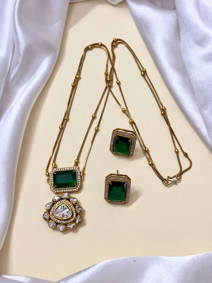 VIVAZS Premium 22K Gold Plated Polki and CZ Studded Double Layered Trendy Necklace Set with Earrings