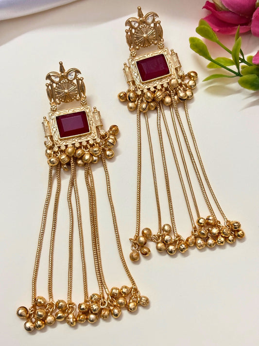 VIVAZS Kashmiri Long Drop Earrings (Red)