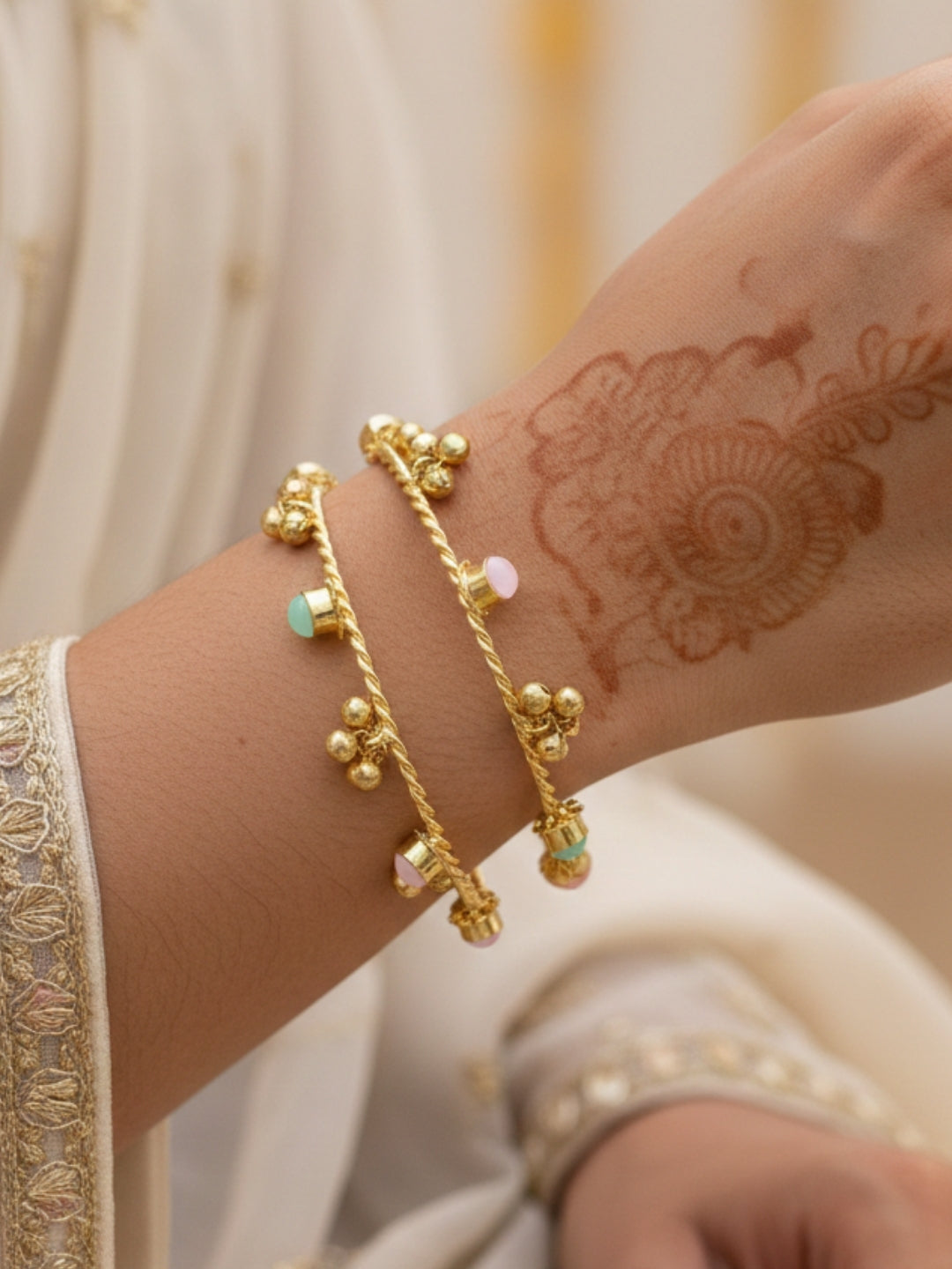 VIVAZS Set of 2 18K Gold Toned Adjustable Gungaroo Traditional Bangles(mint and pink)