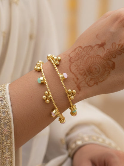 VIVAZS Set of 2 18K Gold Toned Adjustable Gungaroo Traditional Bangles(mint and pink)