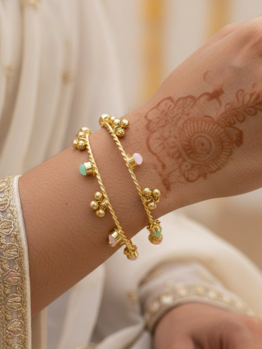 VIVAZS Set of 2 18K Gold Toned Adjustable Gungaroo Traditional Bangles(mint and pink)