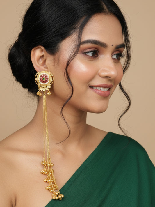 VIVAZS Kashmiri Long Drop Earrings (Center Green Moti)