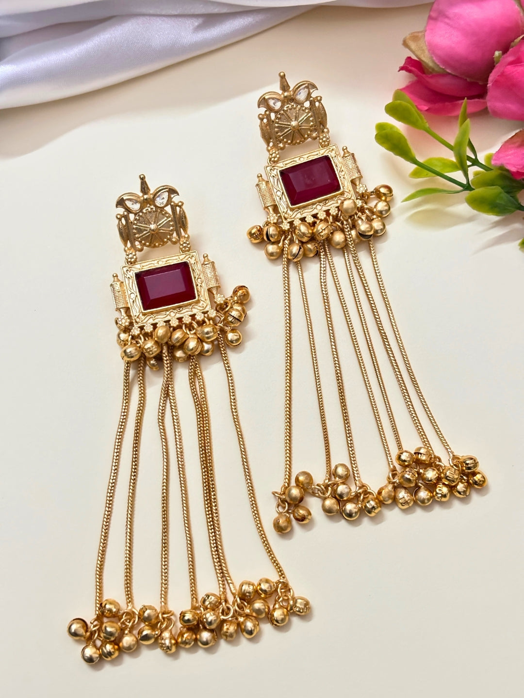 VIVAZS Kashmiri Long Drop Earrings (Red)